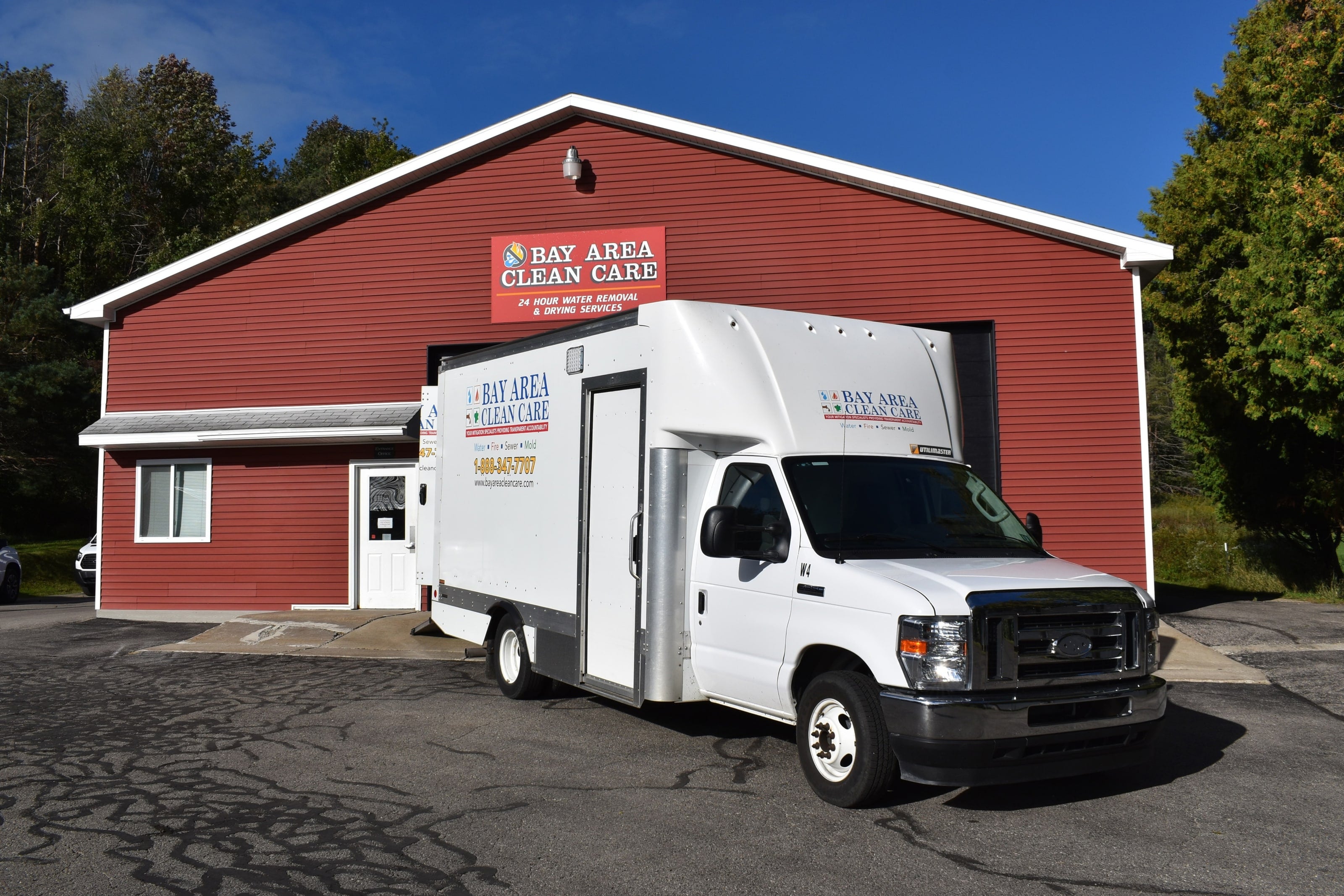 The Bay Area Clean Care restoration truck in front of the shop on Clarion Avenue in Petoskey